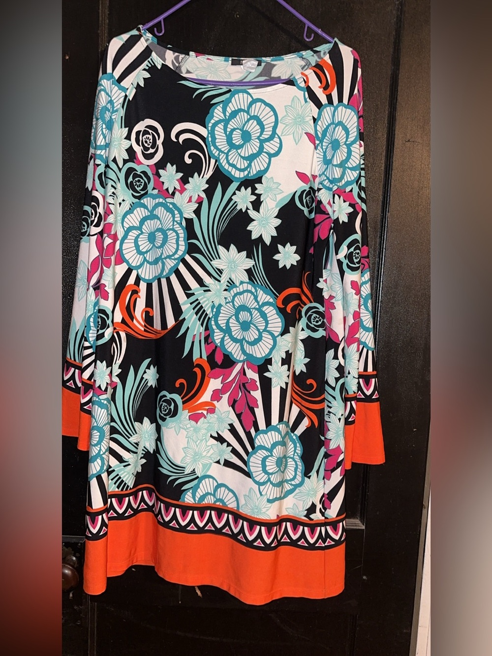 Bold Floral Long-Sleeve Midi dress in Black, Aqua & Orange